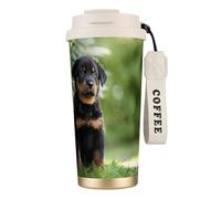 YXDVPALNE Pastore francese Beauceron cucciolo nero carino,Tazza da caffè in acciaio inossidabile 316 con cordino, bicchiere termico da viaggio per auto, 500 ml
