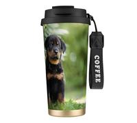 YXDVPALNE Pastore francese Beauceron cucciolo nero carino,Tazza da caffè in acciaio inossidabile 316 con cordino, bicchiere termico da viaggio per auto, 500 ml