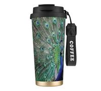 YXDVPALNE Pavone che mostra le piume e le ali aperte,Tazza da caffè in acciaio inossidabile 316 con cordino, bicchiere termico da viaggio per auto, 500 ml