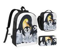 YXDVPALNE Pinguini imperatori con bambini nella neve,Zaino per studenti, borsa per il pranzo, astuccio portapenne, set da 3 pezzi