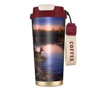 YXDVPALNE Progetto di una capanna autunnale con lago, coppia, cervi e foreste,Tazza da caffè in acciaio inossidabile 316 con cordino, bicchiere termico da viaggio per auto, 500 ml