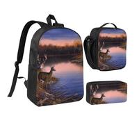 YXDVPALNE Progetto di una capanna autunnale con lago, coppia, cervi e foreste,Zaino per studenti, borsa per il pranzo, astuccio portapenne, set da 3 pezzi