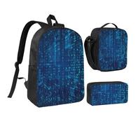 YXDVPALNE Programmatore Codice binario blu,Zaino per studenti, borsa per il pranzo, astuccio portapenne, set da 3 pezzi