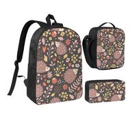 YXDVPALNE Riccio e fiori,Zaino per studenti, borsa per il pranzo, astuccio portapenne, set da 3 pezzi