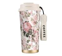 YXDVPALNE Rose rosa seppia vintage shabby chic,Tazza da caffè in acciaio inossidabile 316 con cordino, bicchiere termico da viaggio per auto, 500 ml