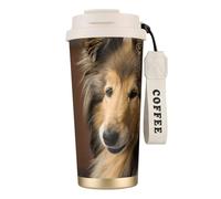 YXDVPALNE Rough Collie Lassie Cani Grandi e Soffici Animali Domestici,Tazza da caffè in acciaio inossidabile 316 con cordino, bicchiere termico da viaggio per auto, 500 ml