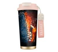 YXDVPALNE Sassofono nel fuoco e nell'acqua,Tazza da caffè in acciaio inossidabile 316 con cordino, bicchiere termico da viaggio per auto, 500 ml