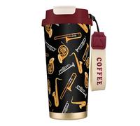 YXDVPALNE Sassofono Trombone Musica Nero,Tazza da caffè in acciaio inossidabile 316 con cordino, bicchiere termico da viaggio per auto, 500 ml