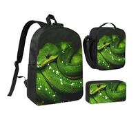 YXDVPALNE Serpente verde rettile,Zaino per studenti, borsa per il pranzo, astuccio portapenne, set da 3 pezzi