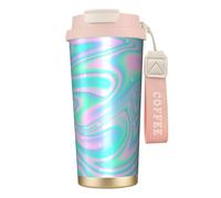 YXDVPALNE Sfondo astratto olografico in pastello neon,Tazza da caffè in acciaio inossidabile 316 con cordino, bicchiere termico da viaggio per auto, 500 ml