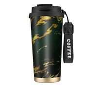 YXDVPALNE Smeraldo, verde intenso, toni della terra, marmo dorato,Tazza da caffè in acciaio inossidabile 316 con cordino, bicchiere termico da viaggio per auto, 500 ml
