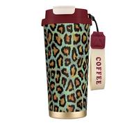 YXDVPALNE Stampa animalier chic leopardata verde acqua,Tazza da caffè in acciaio inossidabile 316 con cordino, bicchiere termico da viaggio per auto, 500 ml