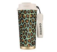 YXDVPALNE Stampa animalier chic leopardata verde acqua,Tazza da caffè in acciaio inossidabile 316 con cordino, bicchiere termico da viaggio per auto, 500 ml