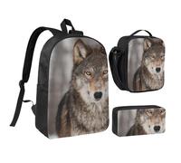 YXDVPALNE Stampa di lupo selvaggio,Zaino per studenti, borsa per il pranzo, astuccio portapenne, set da 3 pezzi