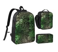 YXDVPALNE Stampa serpente verde,Zaino per studenti, borsa per il pranzo, astuccio portapenne, set da 3 pezzi