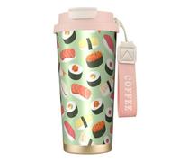 YXDVPALNE Sushi su verde stampato,Tazza da caffè in acciaio inossidabile 316 con cordino, bicchiere termico da viaggio per auto, 500 ml