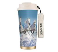 YXDVPALNE Tre cavalli bianchi,Tazza da caffè in acciaio inossidabile 316 con cordino, bicchiere termico da viaggio per auto, 500 ml