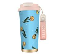 YXDVPALNE Tulipani gialli disegnati a mano,Tazza da caffè in acciaio inossidabile 316 con cordino, bicchiere termico da viaggio per auto, 500 ml