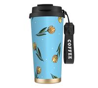 YXDVPALNE Tulipani gialli disegnati a mano,Tazza da caffè in acciaio inossidabile 316 con cordino, bicchiere termico da viaggio per auto, 500 ml