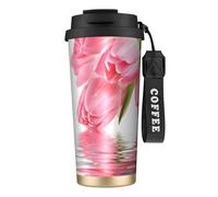 YXDVPALNE Tulipano Effetto Acqua Fresco Delizioso Fiore Rosa,Tazza da caffè in acciaio inossidabile 316 con cordino, bicchiere termico da viaggio per auto, 500 ml
