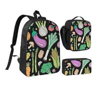 YXDVPALNE Verdure Cibo Scarabocchio su Sfondo Scuro,Zaino per studenti, borsa per il pranzo, astuccio portapenne, set da 3 pezzi