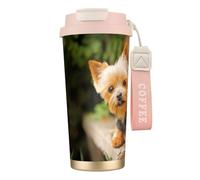 YXDVPALNE Yorkshire Terrier Bokeh Cani Carini Muro,Tazza da caffè in acciaio inossidabile 316 con cordino, bicchiere termico da viaggio per auto, 500 ml