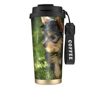 YXDVPALNE Yorkshire Terrier Erba Verde Cani Carini,Tazza da caffè in acciaio inossidabile 316 con cordino, bicchiere termico da viaggio per auto, 500 ml