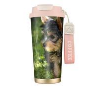 YXDVPALNE Yorkshire Terrier Erba Verde Cani Carini,Tazza da caffè in acciaio inossidabile 316 con cordino, bicchiere termico da viaggio per auto, 500 ml
