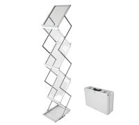 YXFAZPP Porta cataloghi di letteratura a 6 tasche, espositore pieghevole per brochure, riviste, supporto da pavimento per riviste con scatola portatile in alluminio, porta opuscoli in lega (Silver)
