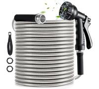 YXT&BEYOND Tubo acqua Giardino con Avvolgitubo 15m, Acciaio Inox Tubo Estensibile in Metallo, 10 Tipi di Getto, Accessori Esterno, Robusto e Resistente Alla Corrosione