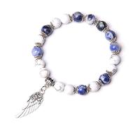 YXWYXWA Bracciale per Perle di Pietra Naturale Bracciale, Gioielli in Pietra per Perle per Le Donne Pietra macchiata di Blu Bianca Howlite con Ali Dono Elastico Semi-prezioso Naturale per Donne