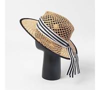 YXWYXWA Casual Stripes Floating Belt Hand Knitting Hollow Raffia Flat Top Hat Outdoor Sun Protection Sun Hat