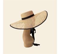 YXWYXWA Retro Hand Knitting Hollow out Large Eaves Flat Top Hat with Straps Stage Walking Show Sun Hat