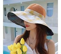 YXWYXWA Summer Large Brim Foldable Beach Hat Plaid Sun Hats for Women Hollowed out Dome Top Sun Visor cap Ladies Floppy Sunhat