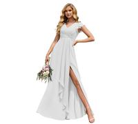 YYAZXSIQ Semplici abiti da damigella d'onore in chiffon con scollo a V in vita impero lunghi con tasche maniche increspate abiti da ballo 2024 con fessura taglia US 12 avorio, bianco, Taglia unica