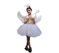 YYDSTYLE Costume da angelo di Halloween per ragazze, include ali di piume, fascia per capelli con aureola, bacchetta magica, gonna tutù a strati, per bambini, per Halloween, fata, cosplay, oggetti di