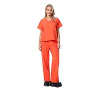 YYDSTYLE Costume da prigioniero da uomo e donna, con stampa di numeri, scollo a V, maglietta a maniche corte con elastico in vita, tuta per Halloween e feste di scena (tuta da donna arancione, M)