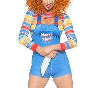 YYDSTYLE Costume di Halloween da donna, spaventoso da incubo killer, bambola che vuole giocare a un personaggio del film, set da 2 pezzi (blu, S)