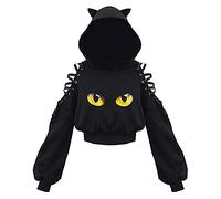 YYDSTYLE Maglione da donna con cappuccio con orecchie di gatto anni '90 gotico spalla fredda con lacci Y2k carino crop top felpa per ragazze adolescenti, Occhi, S