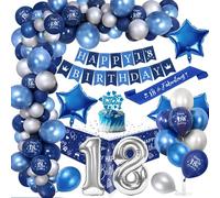 YYDSXK 18 Anni Palloncini Compleanno Ragazzo, Royal Blu Argento Compleanno Festa Decorazioni con Happy Birthday Banner Cake Topper Tovaglia Birthday Sash 18 Compleanno Decorazioni Festa