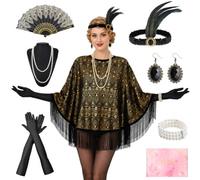 YYDSXK Accessori Anni 20 Donna, Set Charleston Gatsby Nero Oro Vintage | Set Accessori Anni 20 Con Mantella, Fascia, Guanti, Perle, Orecchini E Ventaglio Per Gatsby, Carnevale E Feste