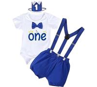 YYDSXK Vestiti Compleanno 1 Anno Bambino, Vestito per Il Primo Compleanno Set con Pagliaccetto, Pantaloncini, Bretelle, Corona Fascia, Compleanno Outfit per la Baby Shower, Fotografia (Blu, 100)