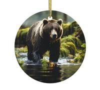 YYHHAOFA Brown Bear Pounce Stampato Albero di Natale Pendente Rotondo in Ceramica - 7,4 cm Squisita porcellana bianca Facile sospensione