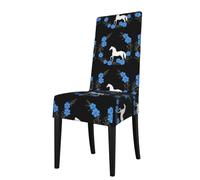 YYHHAOFA Cavallo bianco tra fiori blu La copertura della sedia da pranzo stampata è facile da smontare e realizzata in tessuto ad alta resilienza resistente all'usura