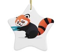 Yyhhaofa, ciondolo a forma di stella in ceramica per albero di Natale con panda rosso che gioca a frisbee, decorazione per centri commerciali, supermercati, negozi