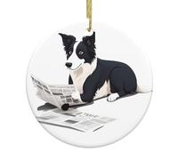 YYHHAOFA Ciondolo rotondo in ceramica con immagine del giornale di Border Collie che legge un giornale, 7,4 cm, dotato di una resistente corda metallica dorata per appenderlo facilmente agli alberi di