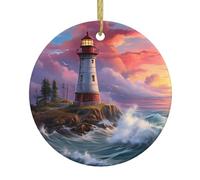 YYHHAOFA Ciondolo rotondo in ceramica con immagine di un faro e albero di Natale stampato, progettato specificamente per le vacanze