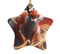 YYHHAOFA - Decorazione da appendere in ceramica, a forma di stella a nove code con volpe stampata con cordoncino in metallo perforato e placcato oro