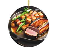 YYHHAOFA Deliziosa immagine di carne alla griglia ciondolo rotondo in ceramica - 7,4 cm dotato di una resistente corda metallica dorata per appenderlo facilmente agli alberi di Natale