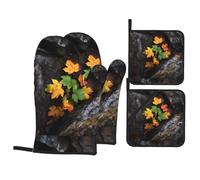 YYHHAOFA Foglie d'acero sotto le rocce Modello Set da cucina da forno, guanti da forno, tuta in quattro pezzi ispessita e isolata